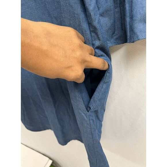 Tracy Negoshian Women's Chambray Blue Trapeze Elbow Puff Sleeve Dress with pocke - Picture 6 of 7